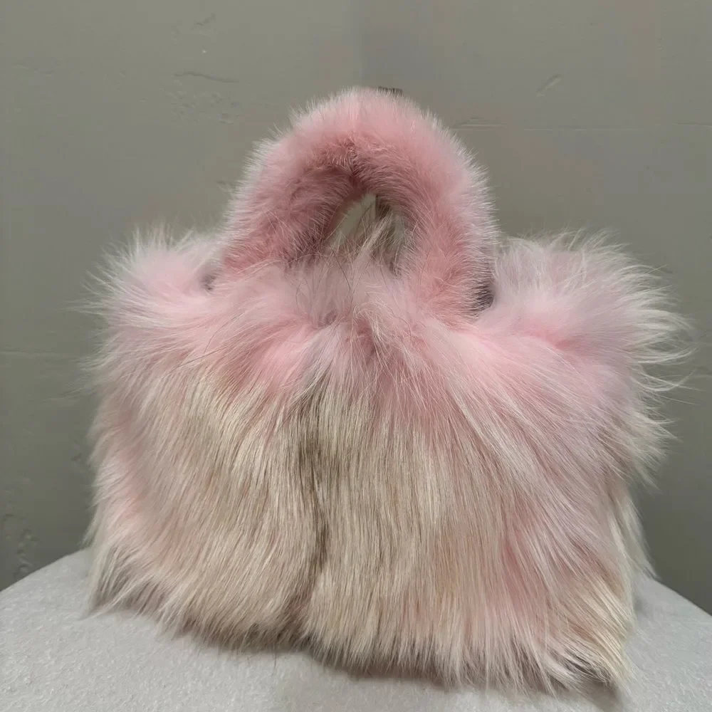Handmade Real Fox Fur with Mink Fur Handle Satchel Bag, Includes 2 Strap Styles